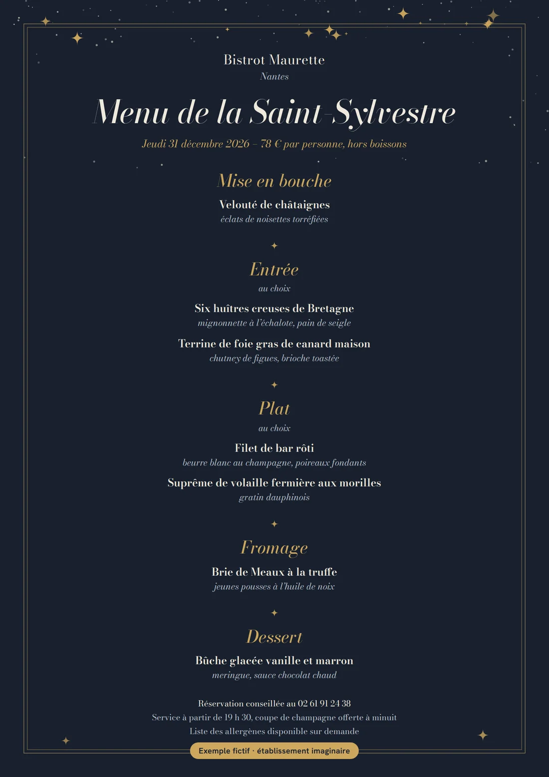 Exemple de menu A4 sur fond bleu nuit étoilé : menu de la Saint-Sylvestre du Bistrot Maurette, cinq services, 78 € par personne.