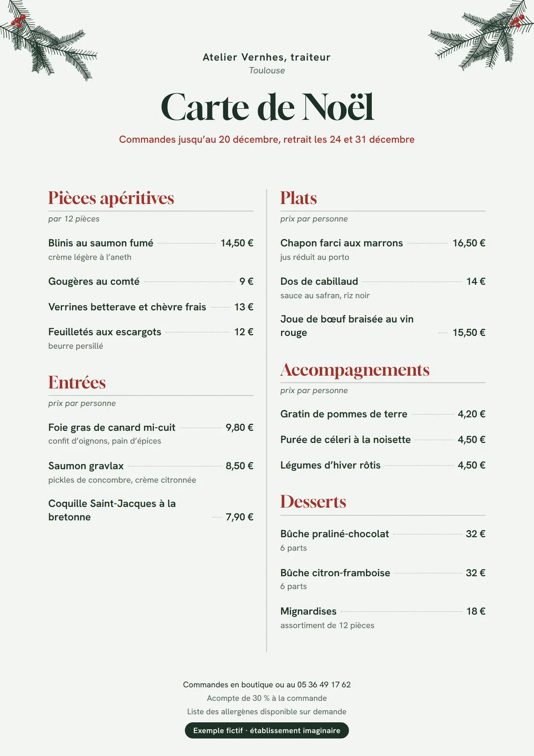 Exemple de carte de Noël A4 sur fond clair avec branches de sapin dessinées : pièces apéritives, entrées, plats, accompagnements et desserts, avec les prix alignés.