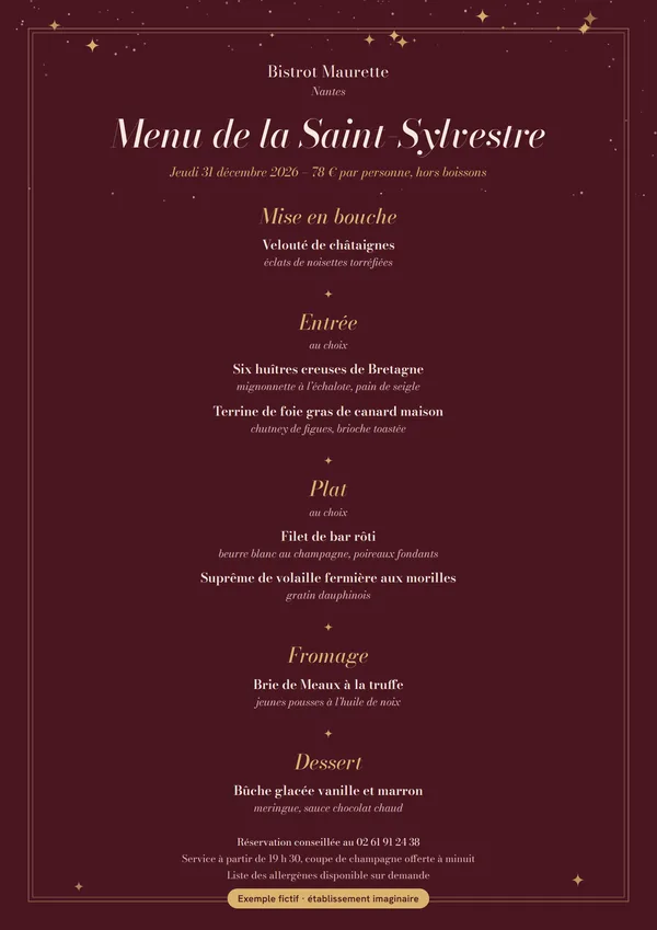 Le menu du bistrot dans l’ambiance velours : fond bordeaux, étoiles dorées.